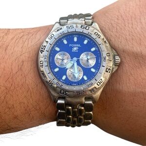 Fossil Blue Watch VTG Men 35mm Silver Tone Round Dial Day Date 6.25"